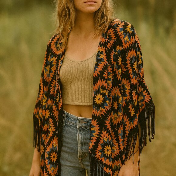 LuLaRoe Monroe Large Shawl Kimono Fringe Aztec Western Boho Layering Chic - Picture 1 of 7